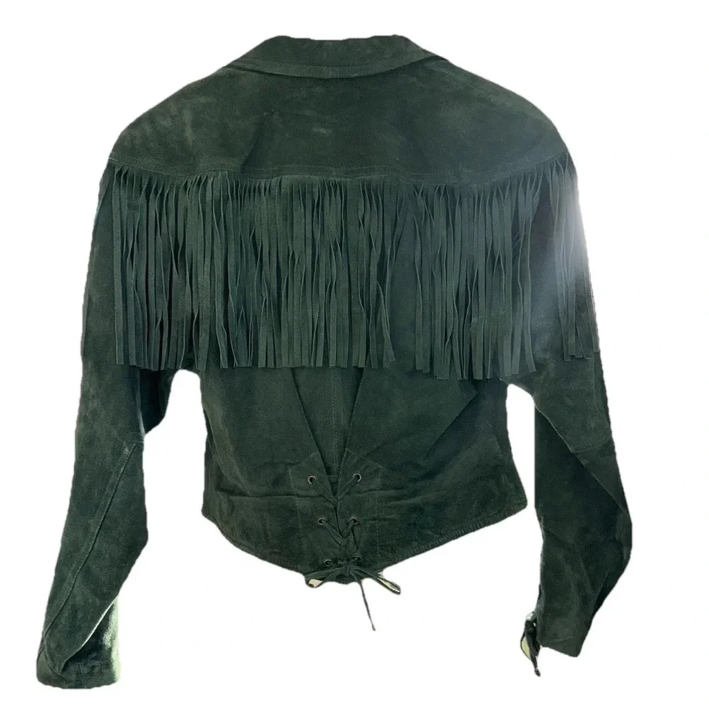 Vintage 90s Wilson Leather Womens fringe Suede Emerald Forest Green Jacket S - Picture 3 of 12